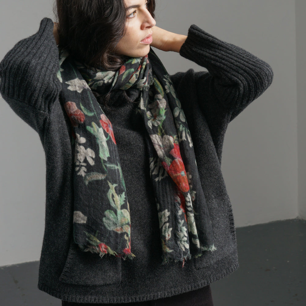 
                      
                        Black Floral Wool Scarf
                      
                    