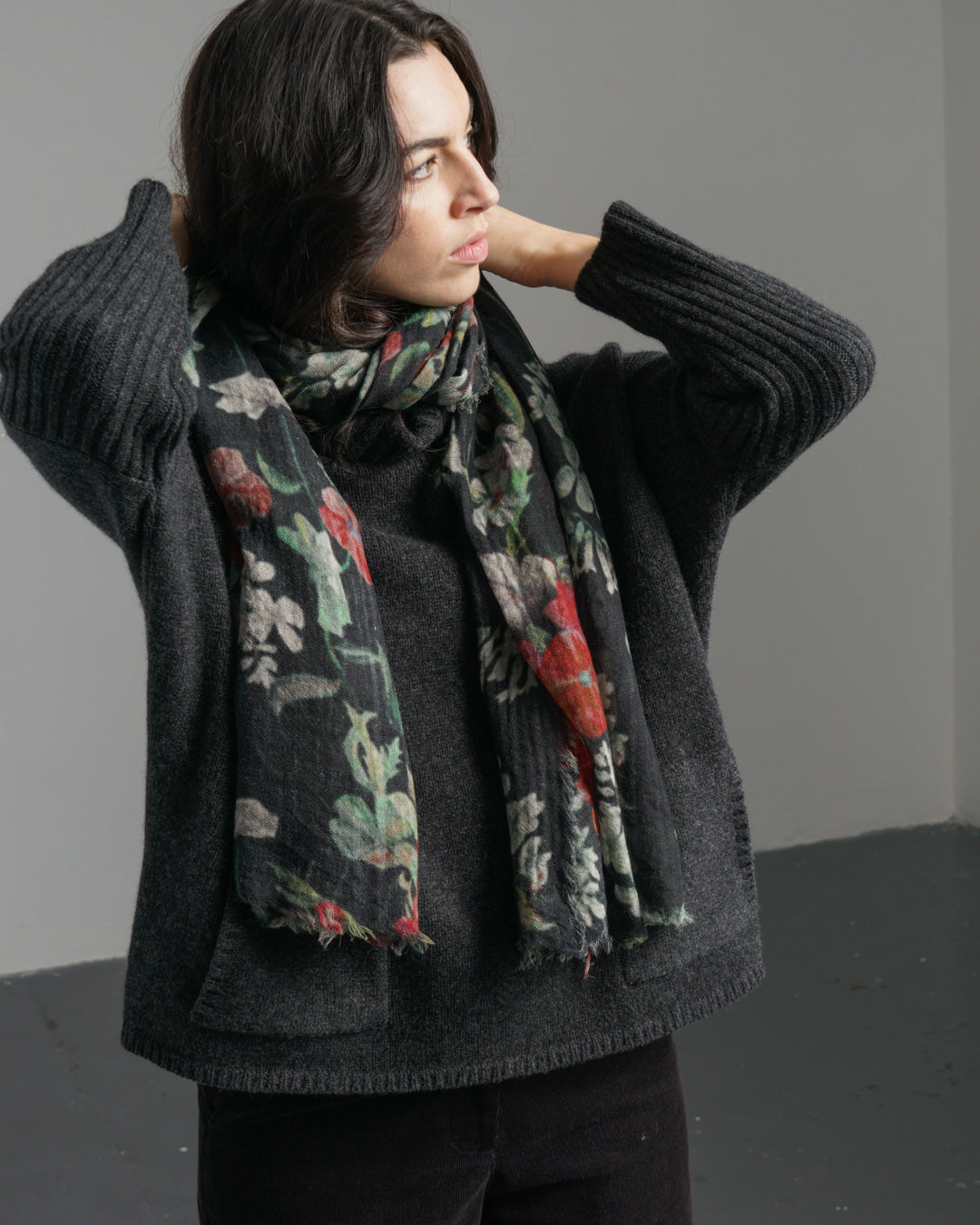 Black Floral Wool Scarf