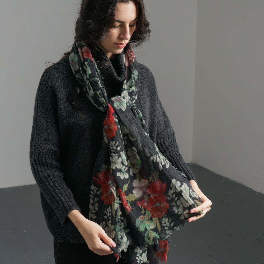 
                      
                        Black Floral Wool Scarf
                      
                    