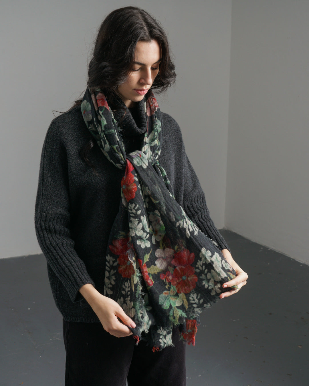 Black Floral Wool Scarf