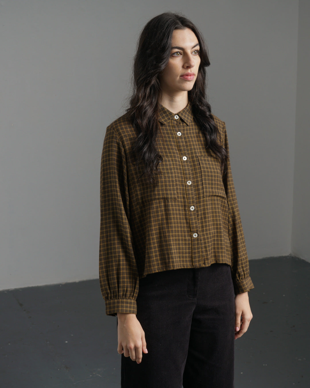Ada Cropped Blouse – Boxy Brown Checked Cotton Flannel Shirt with