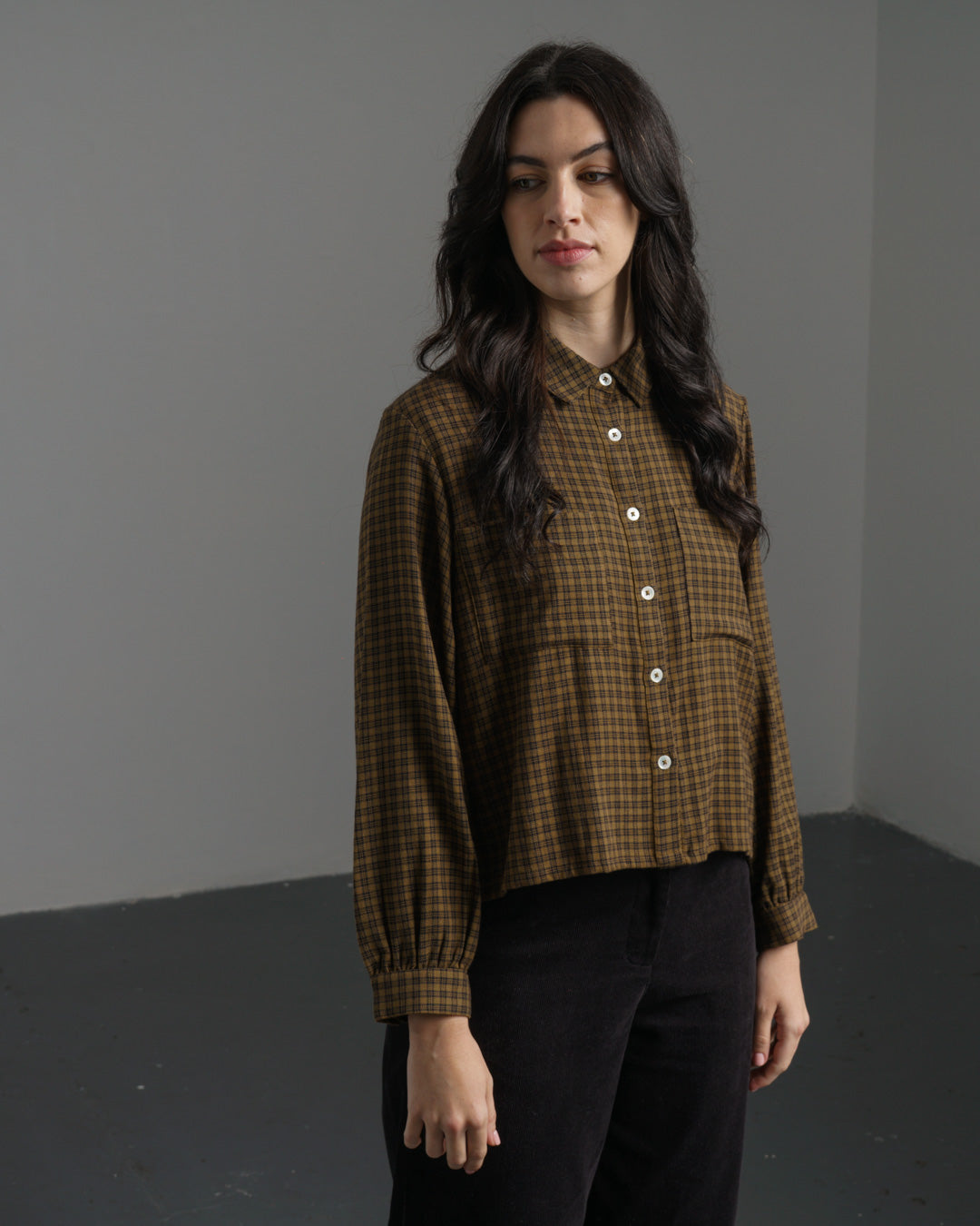 Ada Cropped Blouse – Boxy Brown Checked Cotton Flannel Shirt with