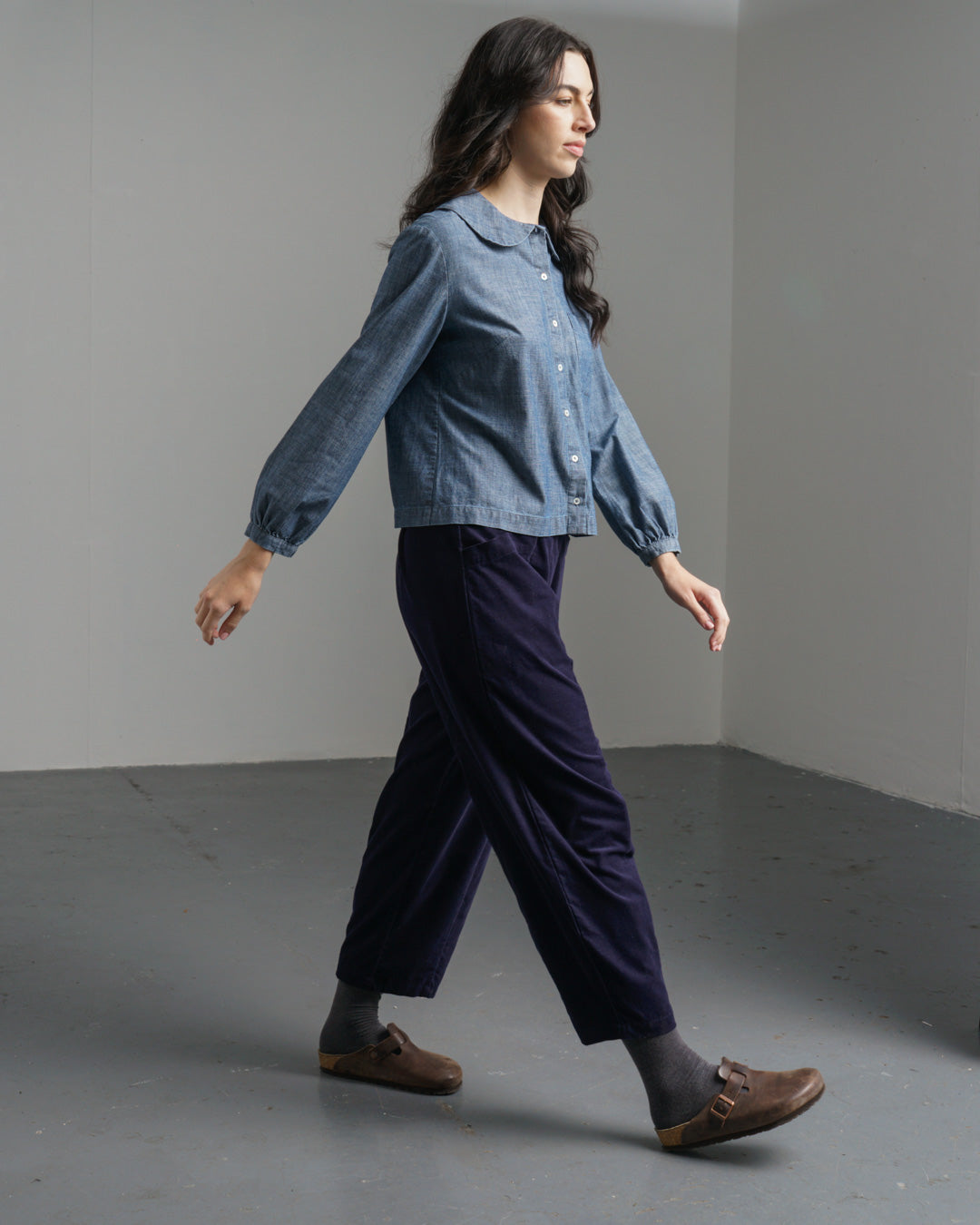 Lorren Barrel Leg Trousers – Navy Corduroy Trousers with Elastic