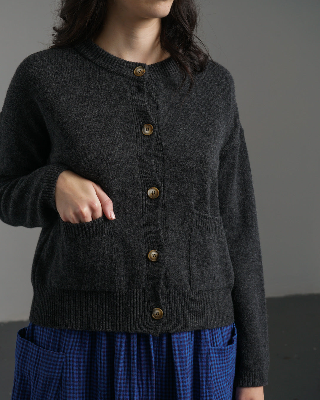 Mira Cropped Cardigan – Charcoal Grey Lambswool Cardigan with
