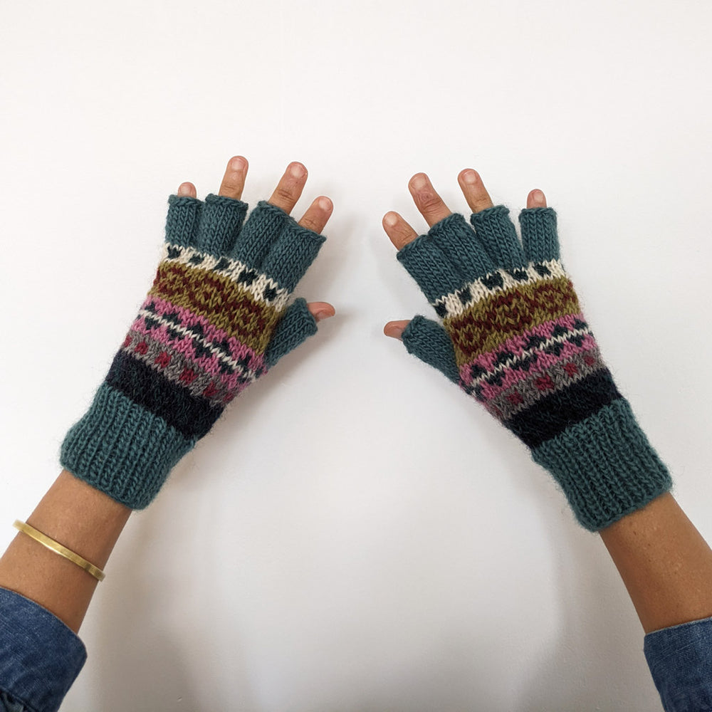 Isla Fair Isle Fingerless Gloves in Turquoise