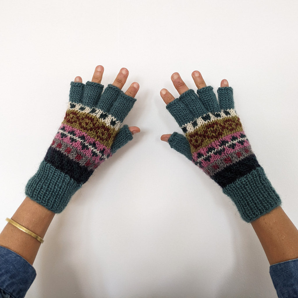 Isla Fair Isle Fingerless Gloves in Turquoise