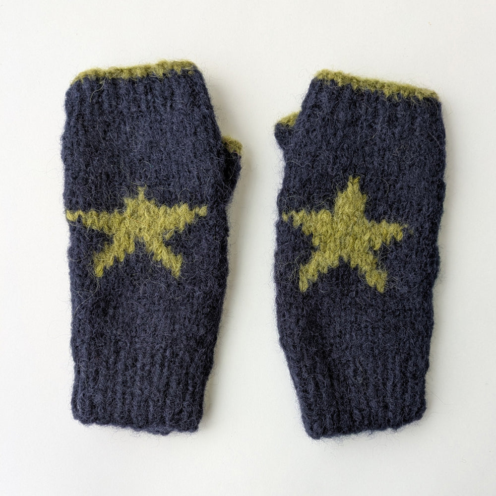 Star Knitted Mittens in Navy & Chartreuse - BIBICO