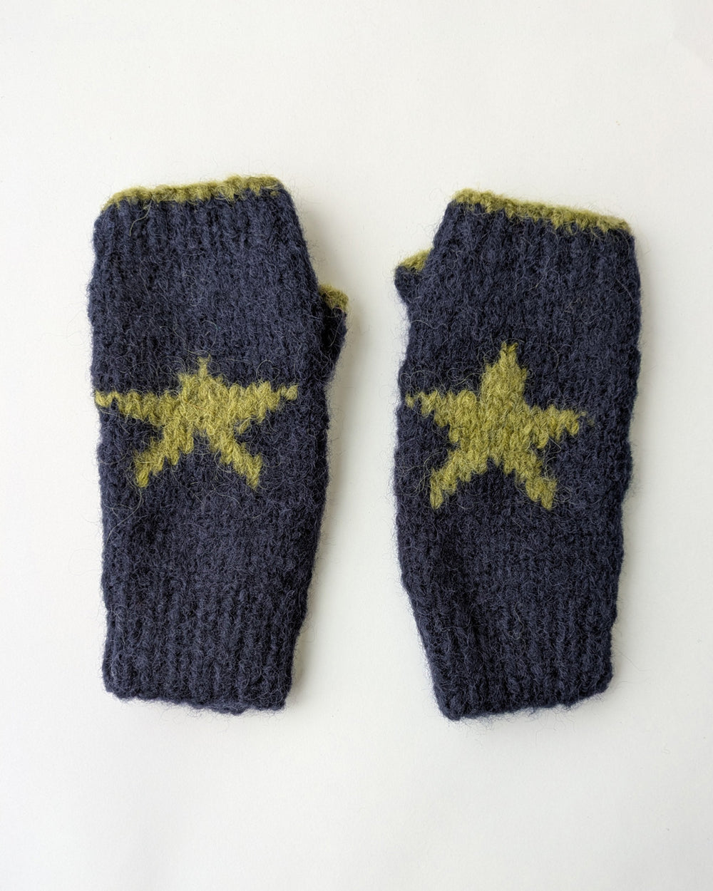 Star Knitted Mittens in Navy & Chartreuse - BIBICO