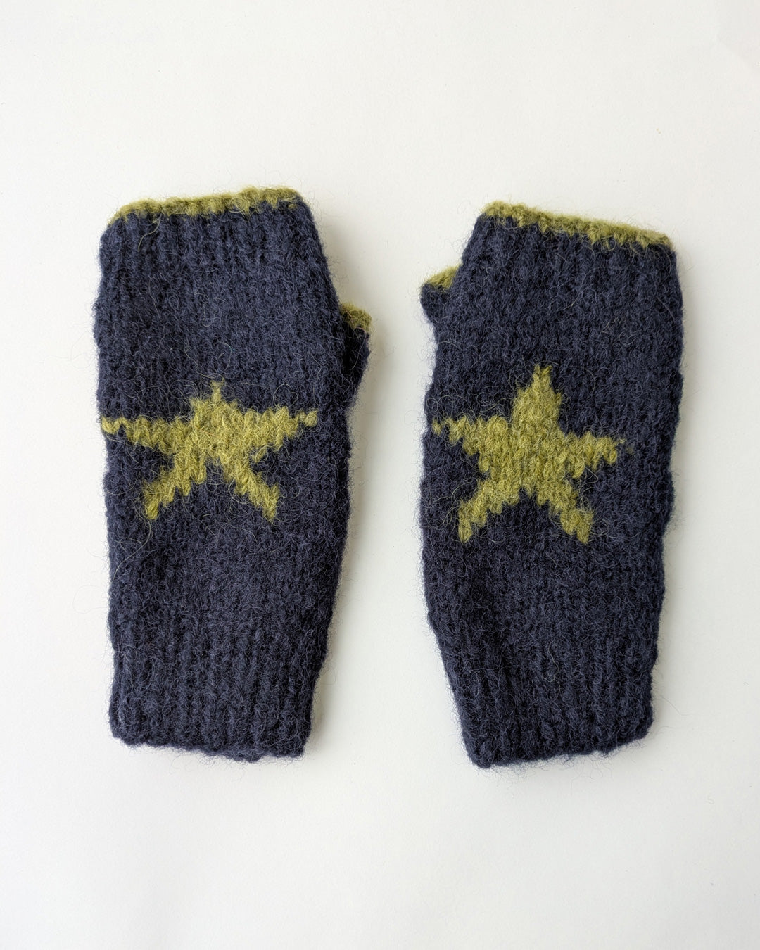 Star Knitted Mittens in Navy & Chartreuse - BIBICO