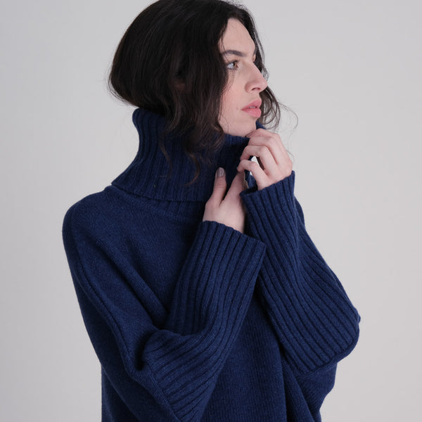 Adela Batwing Wool Jumper With Cowl Neck - Navy