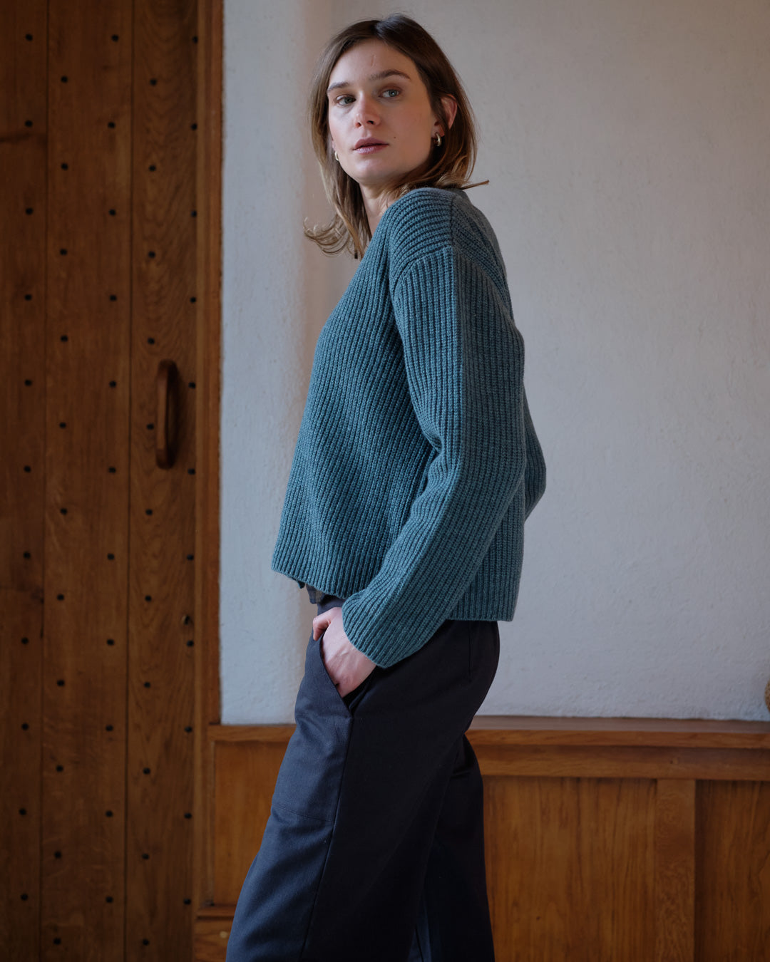 Amita Blue Ribbed Pure Wool Cardigan | By BIBICO