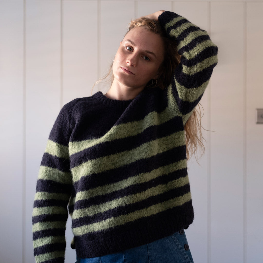 Chunky Knit Striped Mohair Jumper Green & Navy Stripes 