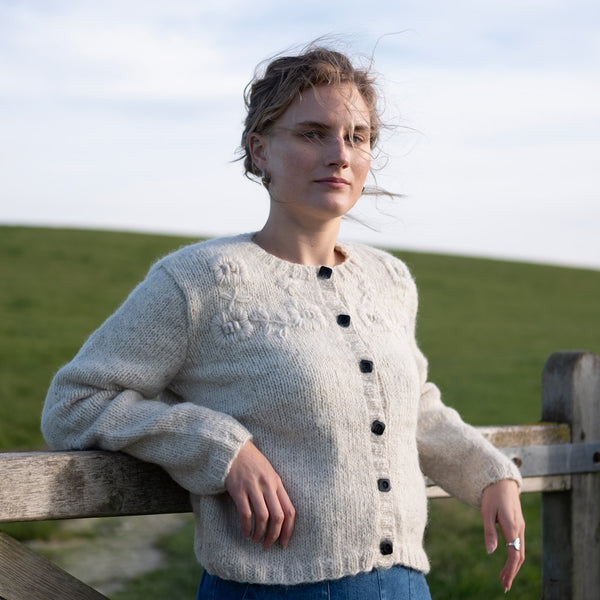 Hand Knitted Wool Cardigan With Embriodery Detail In Off White