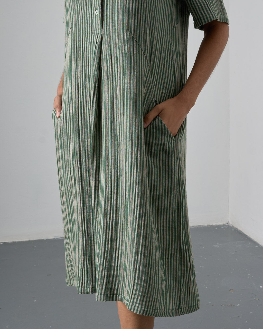 Alexa Cotton Gauze Shirt Dress | Green & Ecru Stripe Midi Dress | By BIBICO Alexa Cotton Gauze Shirt Dress | Green & Ecru Stripe Midi Dress | By BIBICO