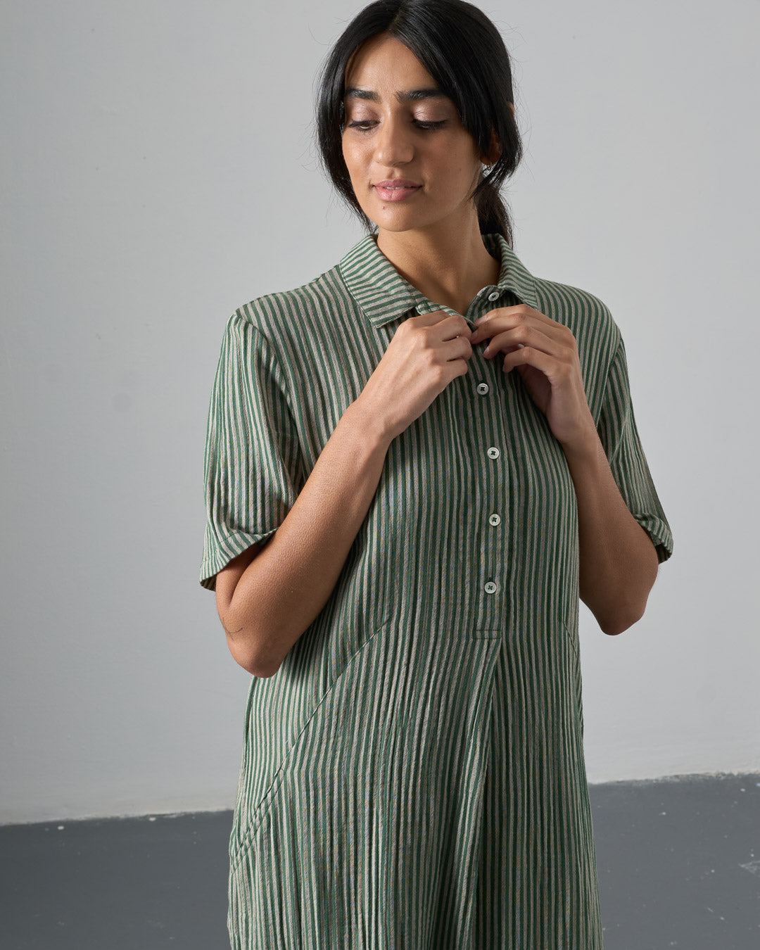 Alexa Cotton Gauze Shirt Dress | Green & Ecru Stripe Midi Dress | By BIBICO Alexa Cotton Gauze Shirt Dress | Green & Ecru Stripe Midi Dress | By BIBICO