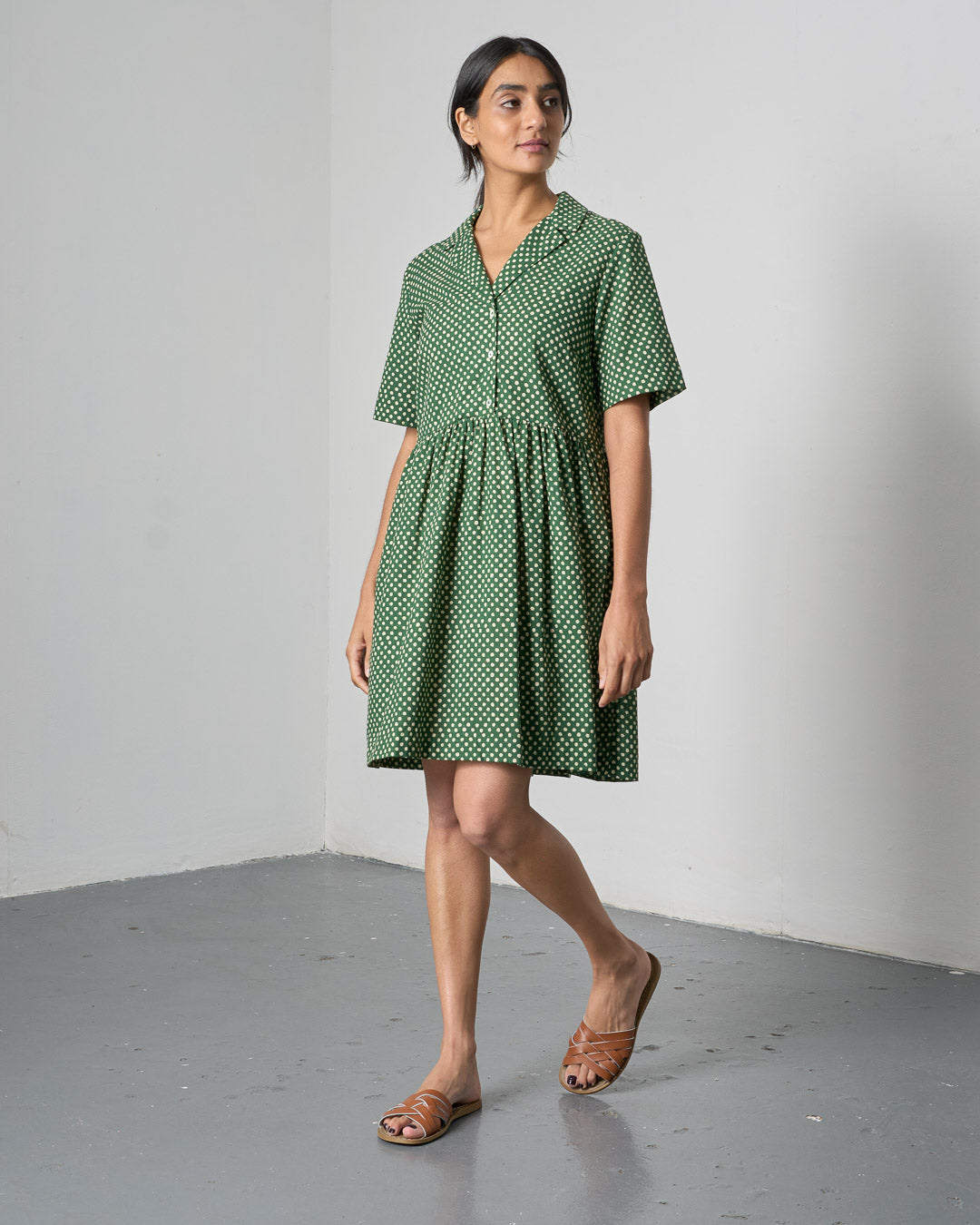 Lilly Short Dress – Green Cotton Shirt Dress with Ecru Dot Print