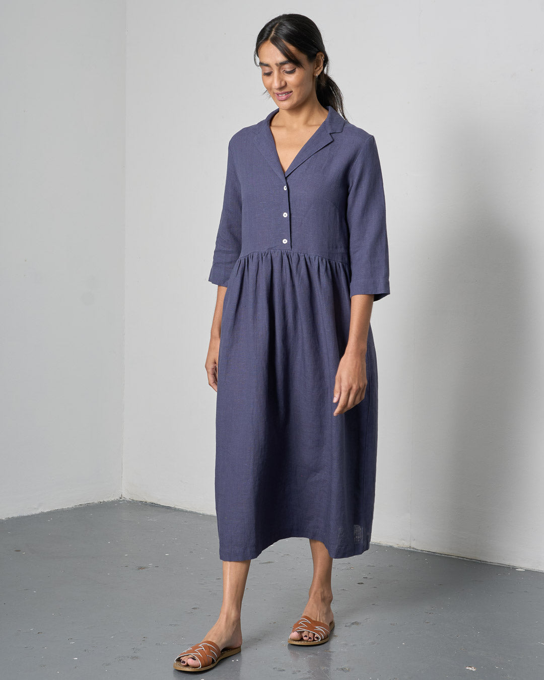 Lilly Long Dress | Pure Linen Shirt Dress in Deep Navy | By BIBICO