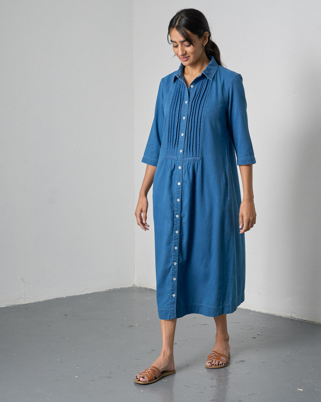 Lucy Blue Denim Shirt Dress Long Relaxed Fit with Pintuck Bib Detail | By BIBICO Lucy Blue Denim Shirt Dress Long Relaxed Fit with Pintuck Bib Detail | By BIBICO
