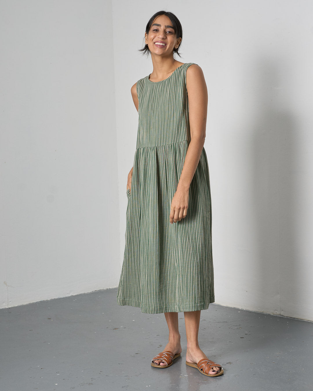 Elaine Sleeveless Cotton Gauze Dress Green Stripe Midi Dress | By BIBICO Elaine Sleeveless Cotton Gauze Dress Green Stripe Midi Dress | By BIBICO
