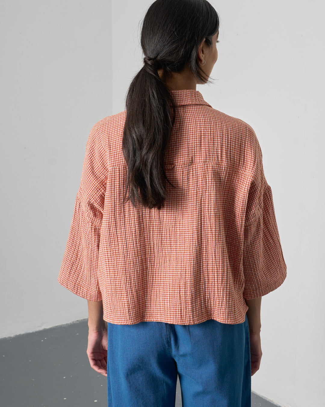 Ava Rust & White Check Cotto Blouse | Cropped Oversized Shirt with