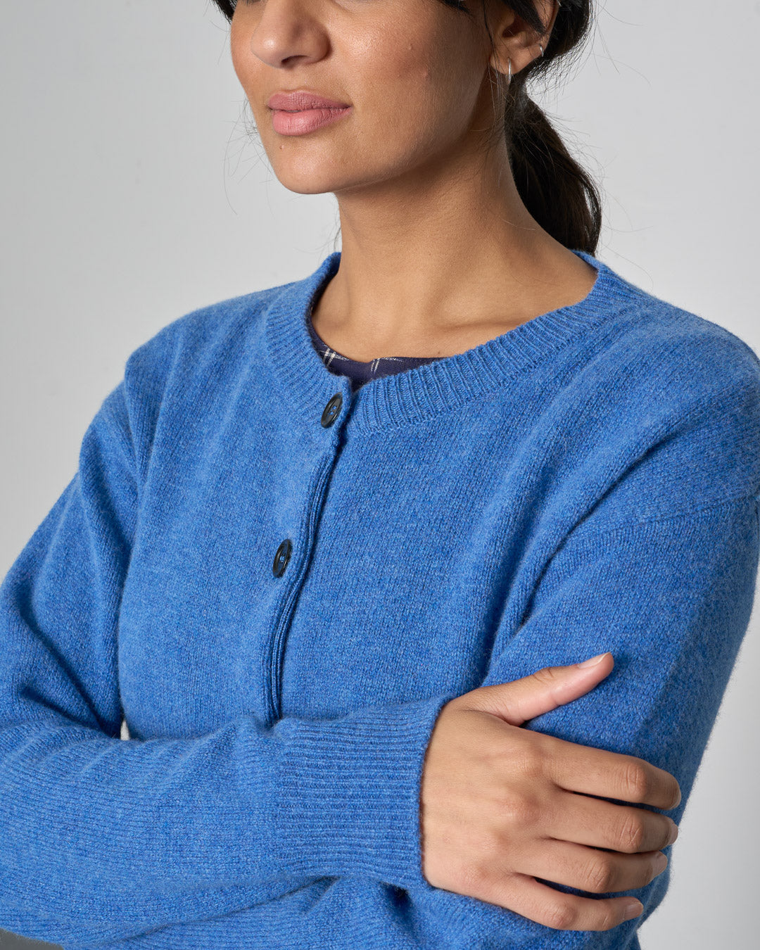 Eva Blue Merino Lambswool Crew Neck Cardigan | By BIBICO