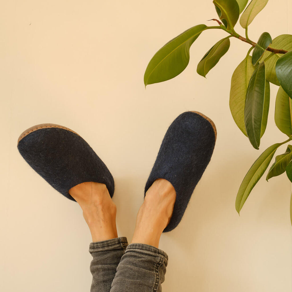 Navy Felted Wool Slippers