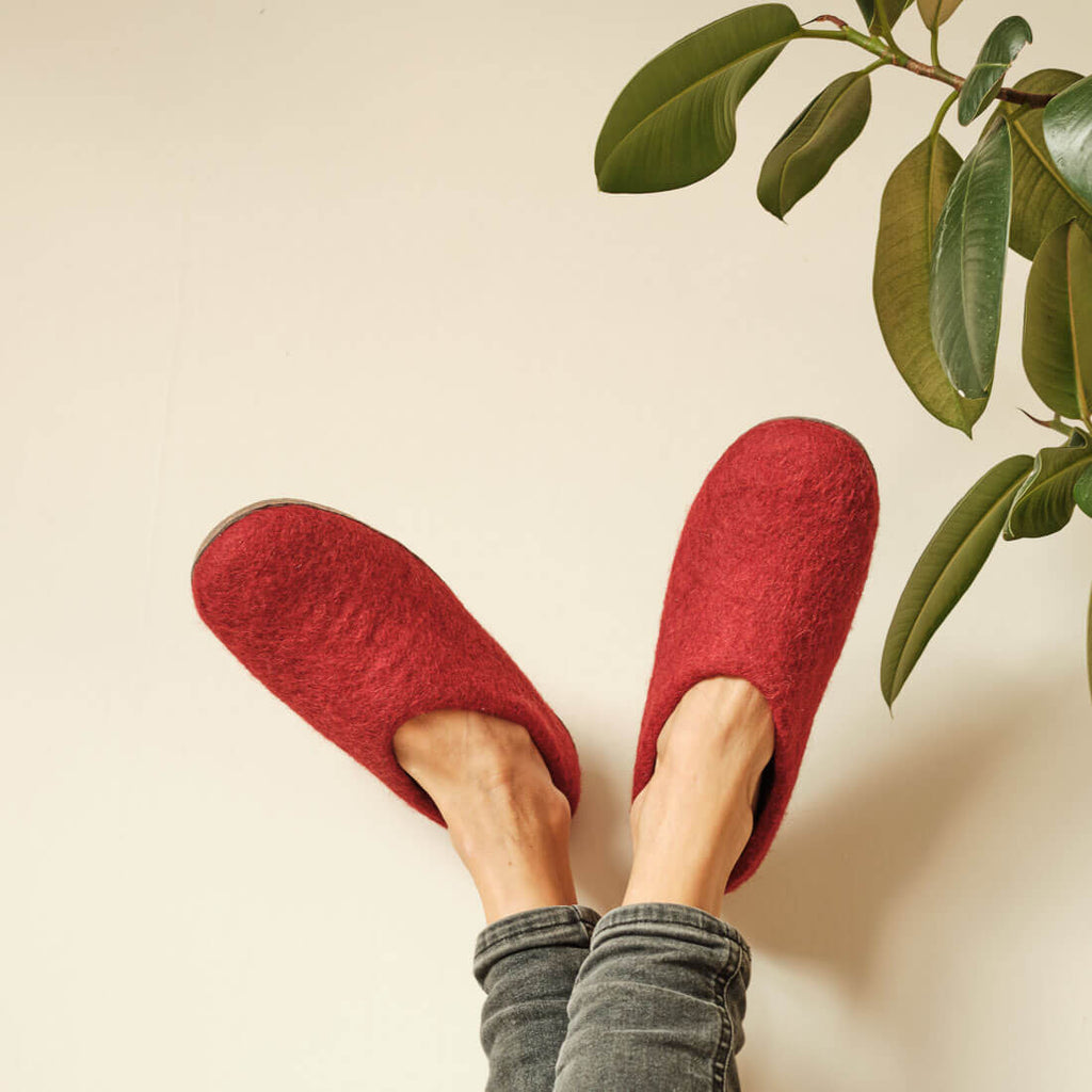 Berry Red Felted Wool Slippers