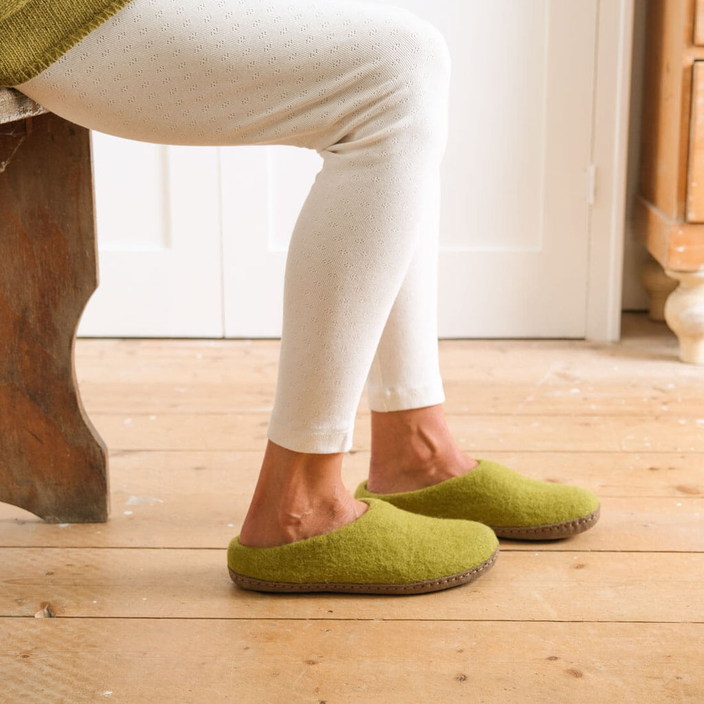 Moss green felted wool slippers