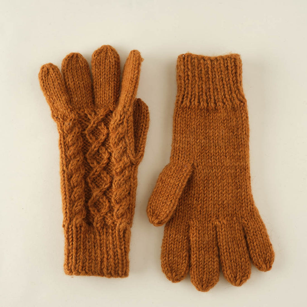 mustard coloured hand knitted wool gloves