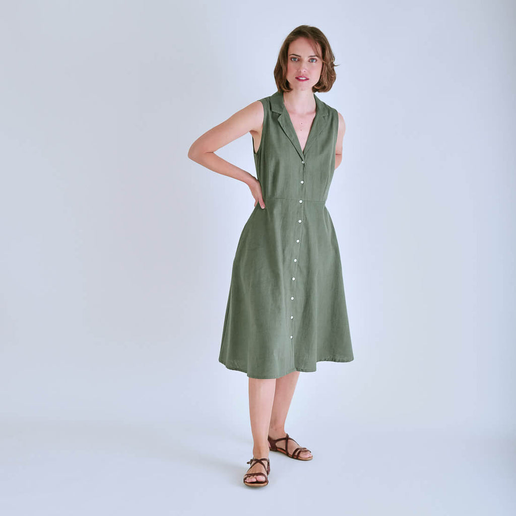 Olive Green Sleeveless Linen Shirt Dress