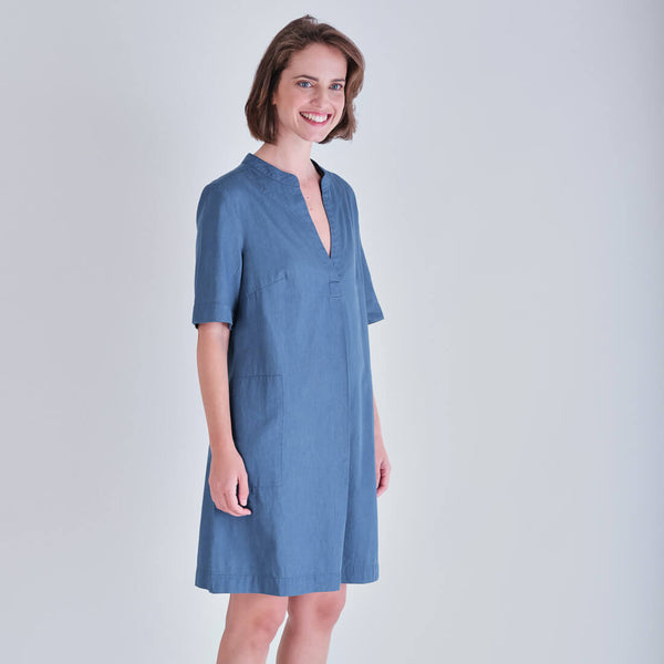 Rowen Collarless Blue Denim Tunic Dress