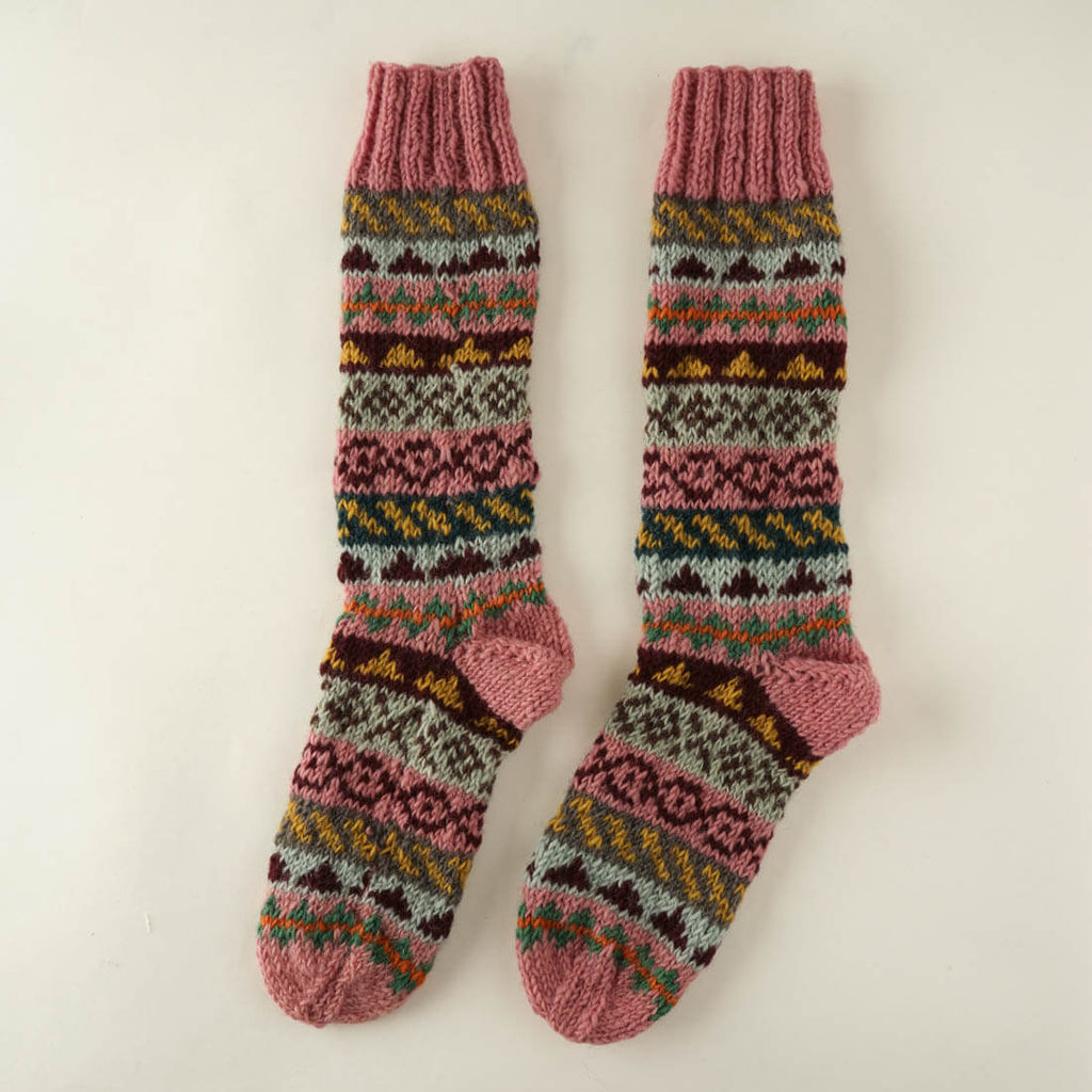 Fair isle pattern knitted wool socks