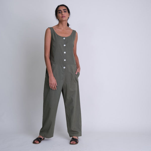 Olive coloured jumpsuit - ethically made by BIBICO