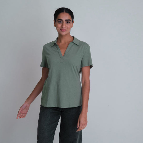 Olive coloured organic cotton polol neck t-shirt