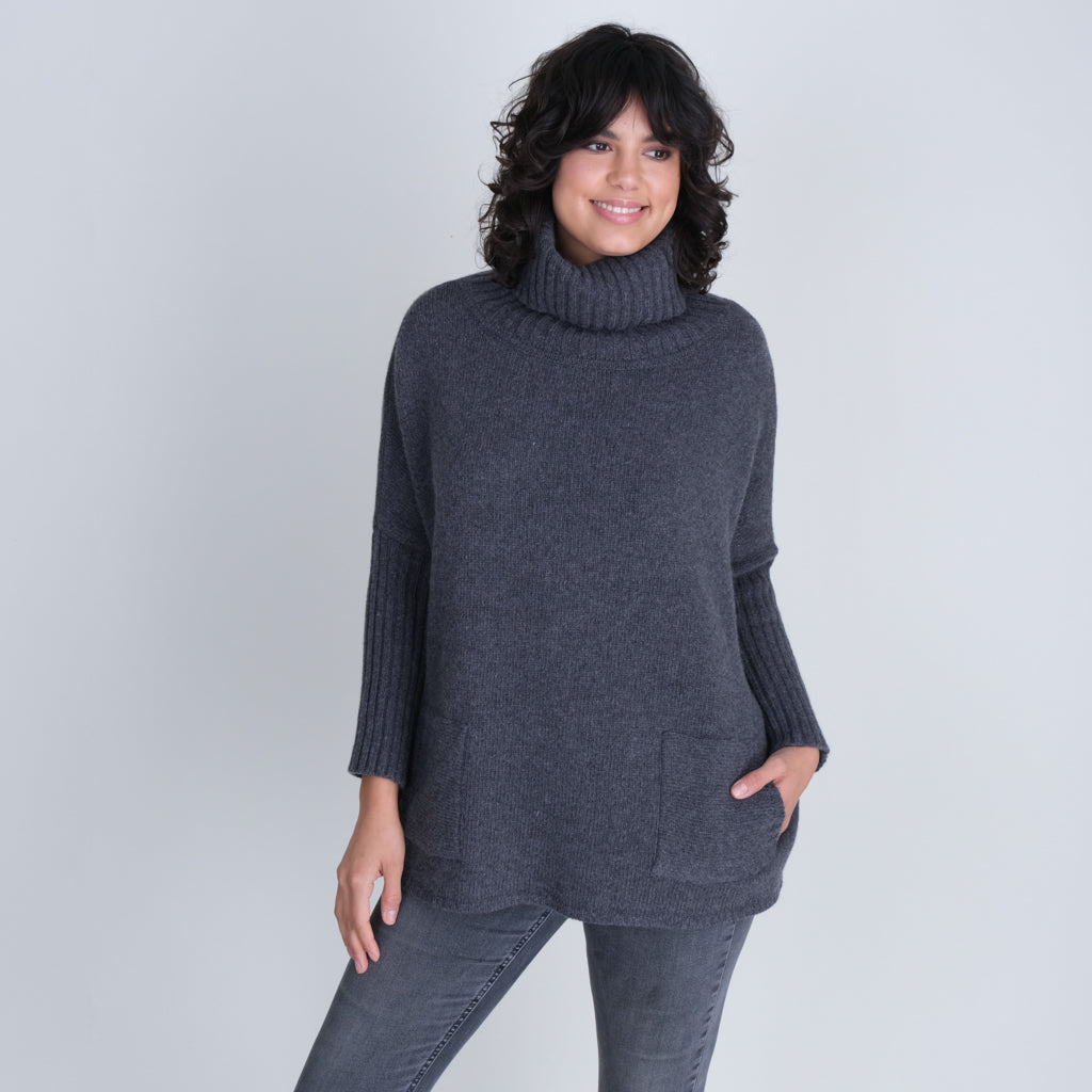 Adela Batwing Wool Jumper With Cowl Neck - Grey | by BIBICO