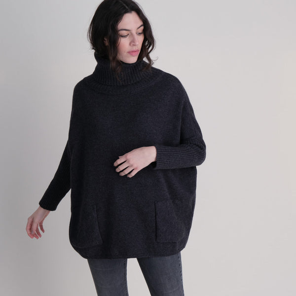 Adela Oversized Cowl Dark Grey Green Wool Jumper | by BIBICO