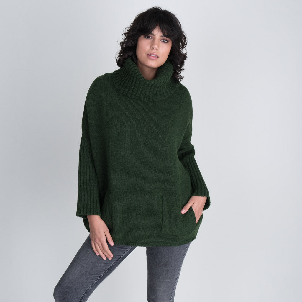Adela Batwing Wool Jumper With Cowl Neck - Dark Green | by BIBICO