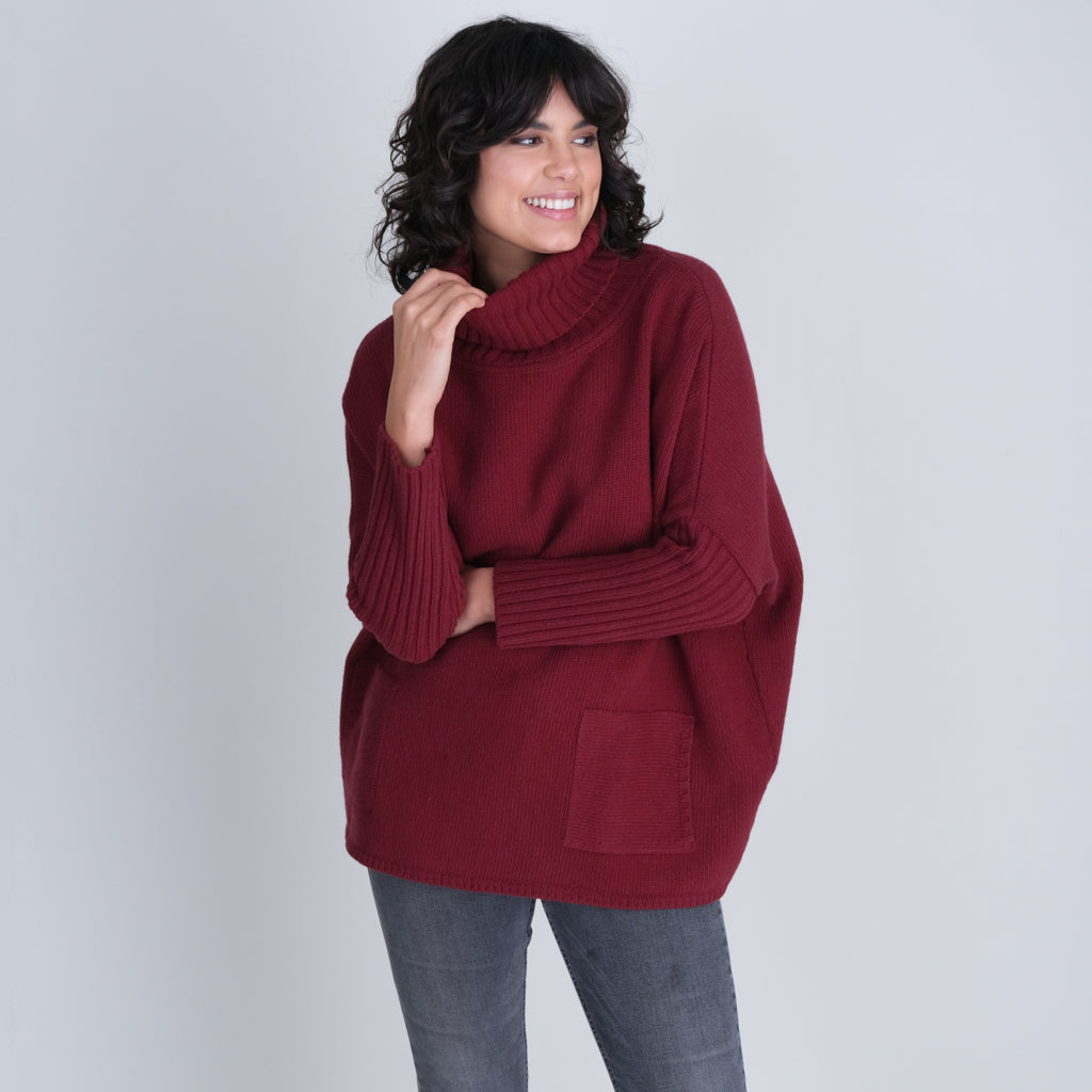 Adela Batwing Wool Jumper With Cowl Neck - Plum Colour