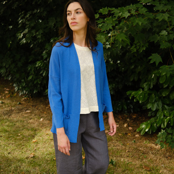 Long Blue Organic Cotton Cardigan With Pockets