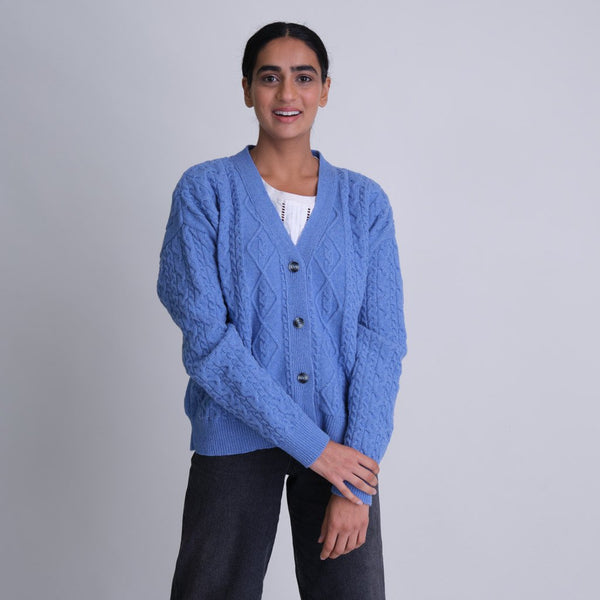 Zadie Blue Wool Cable Knit Cardigan by BIBICO