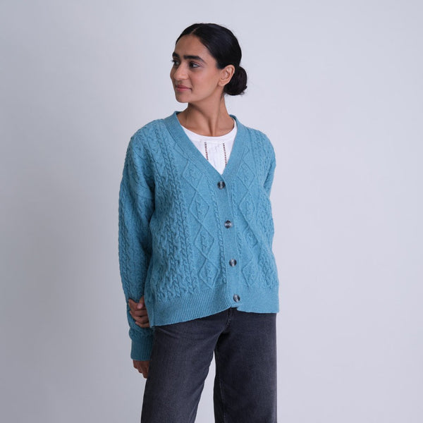 Womens Mint Coloured Cable Knit Wool Cardigan by BIBICO