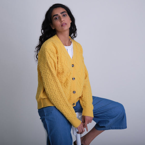 Womens Yellow Wool Cable Knit Cardigan by BIBICO