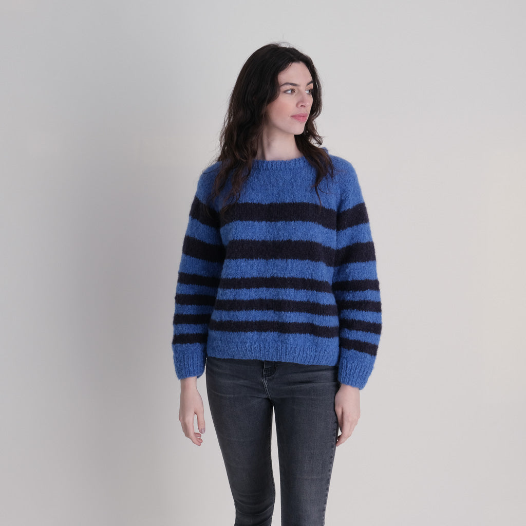 Hand knitted blue striped mohair jumper