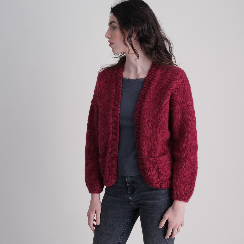 Hand Knitted berry coloured wool cardigan