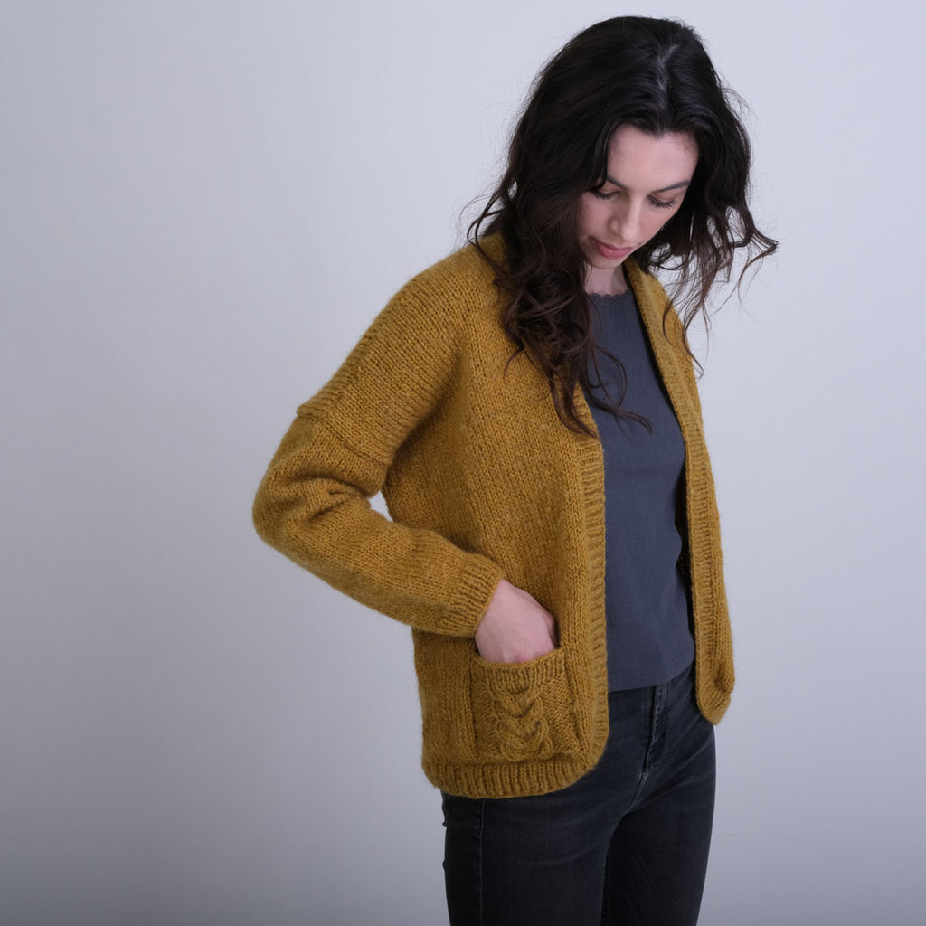 Mustard coloured hand knitted wool cardigan