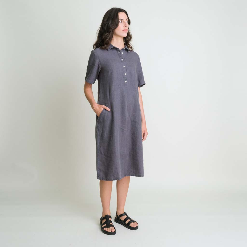 Dove grey short sleeved linen shirt dress
