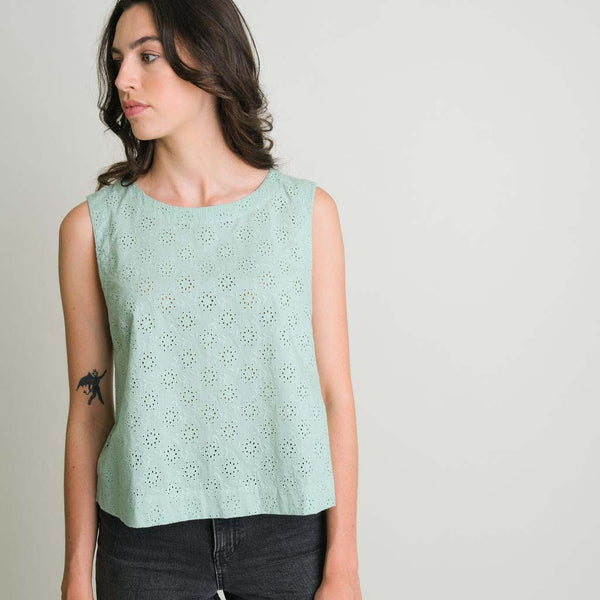 Mint Embroidered Cotton Sleeveless Top 